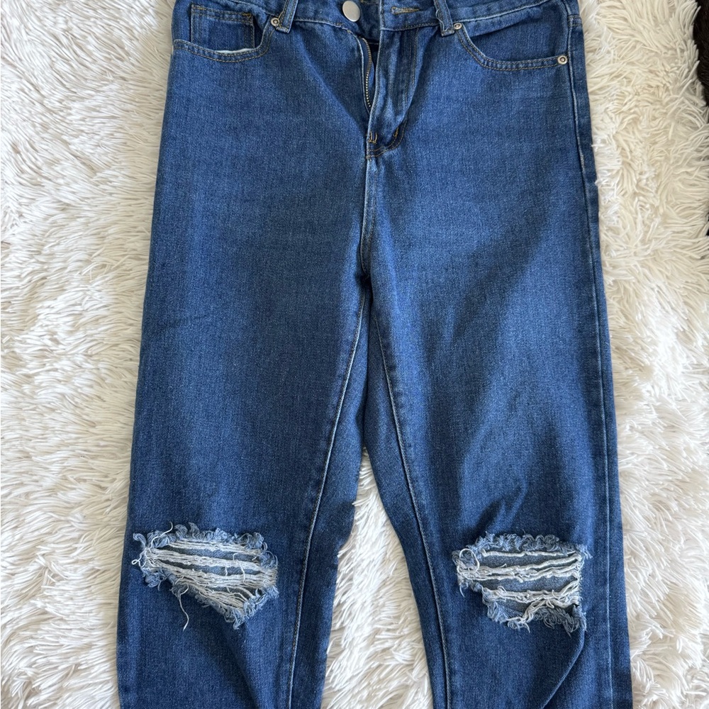 Boohoo Blue High Rise Distressed Jeans